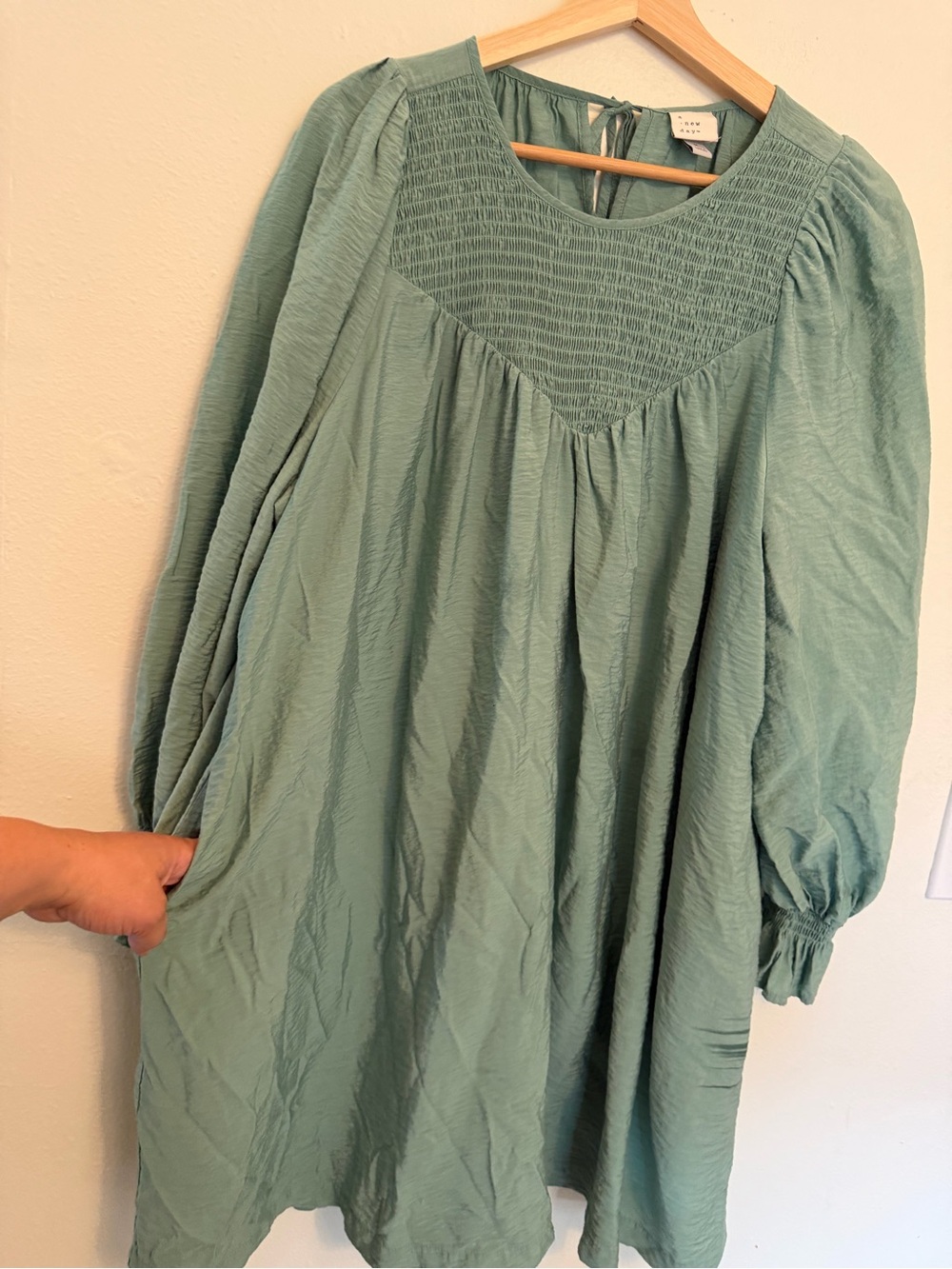 a new day Sage Green Long-Sleeve Smocked Yoke Dress - Picture 5 of 6